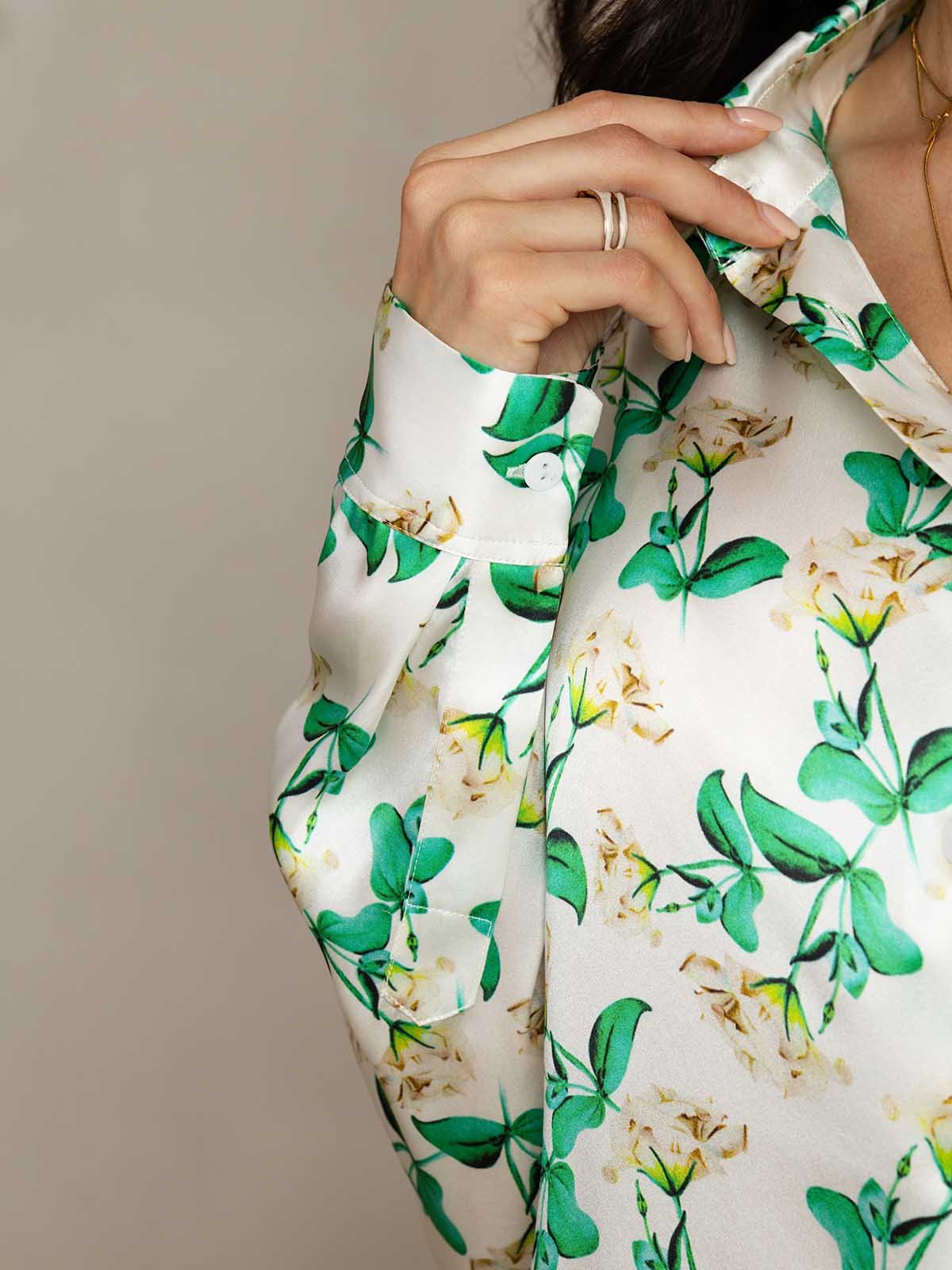 [Green Floral] SilkSilky  19Momme Silk Lapel Collar Women''s Outfit Sets 005