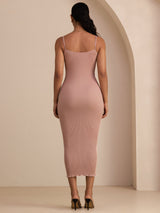 [Pink] SilkSilky Spaghetti Strap Square Neck Dress 002