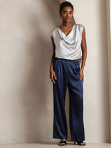 [Light Gray] SilkSilky  19Momme Stretch Silk Charmeuse Cap Sleeve Cowl Neck Women's T-Shirt 005