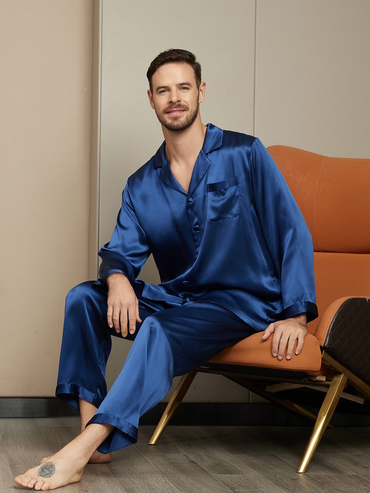 SilkSilky US Pure Silk Long Sleeve Mens Pajamas DarkBlue 003