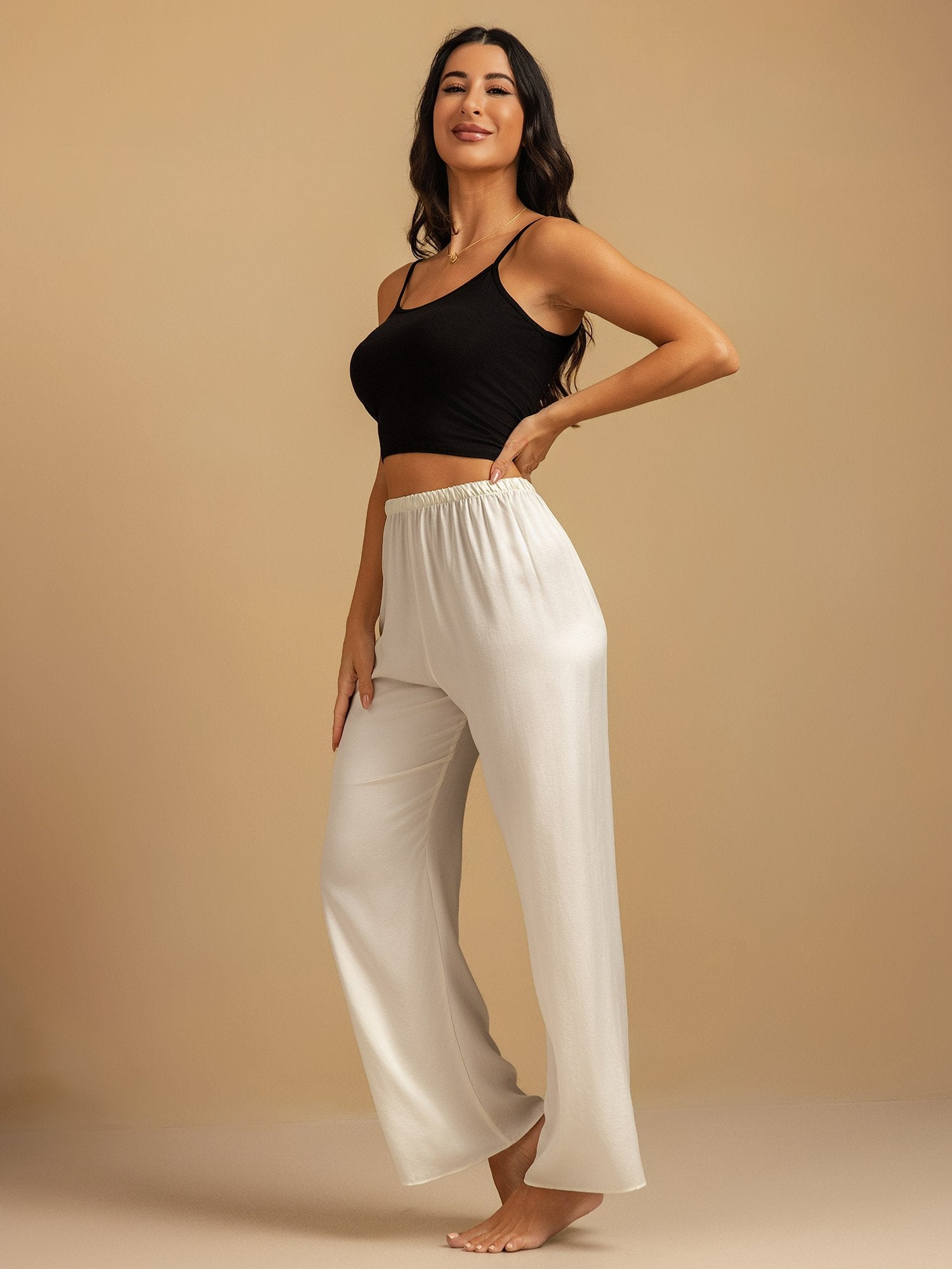 [White] SilkSilky  19Momme Silk Womens Sleep Bottoms 007,