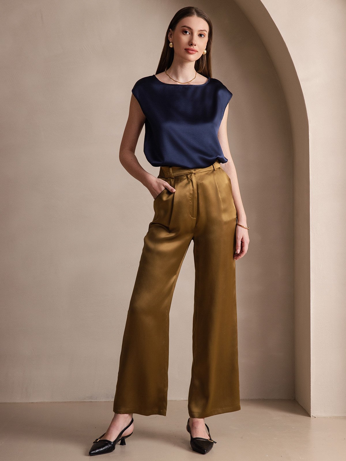 [Dark Blue] SilkSilky  19Momme Silk Round Neck Women's T-Shirt 006