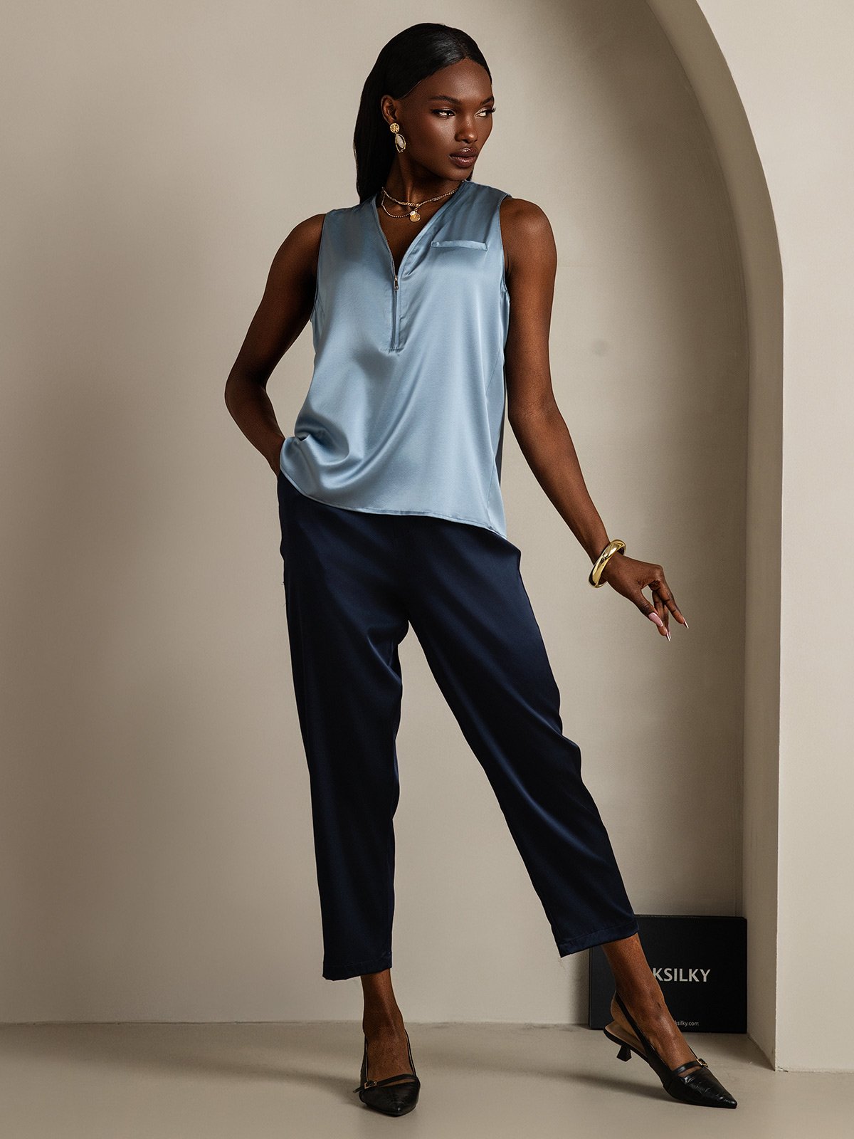 SilkSilky 19Momme Silk Sleeveless V Neck Women's Shirt GrayishBlue 006