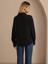 [Black] SilkSilky Long Sleeve Lapel Collar Women's Shirt 002