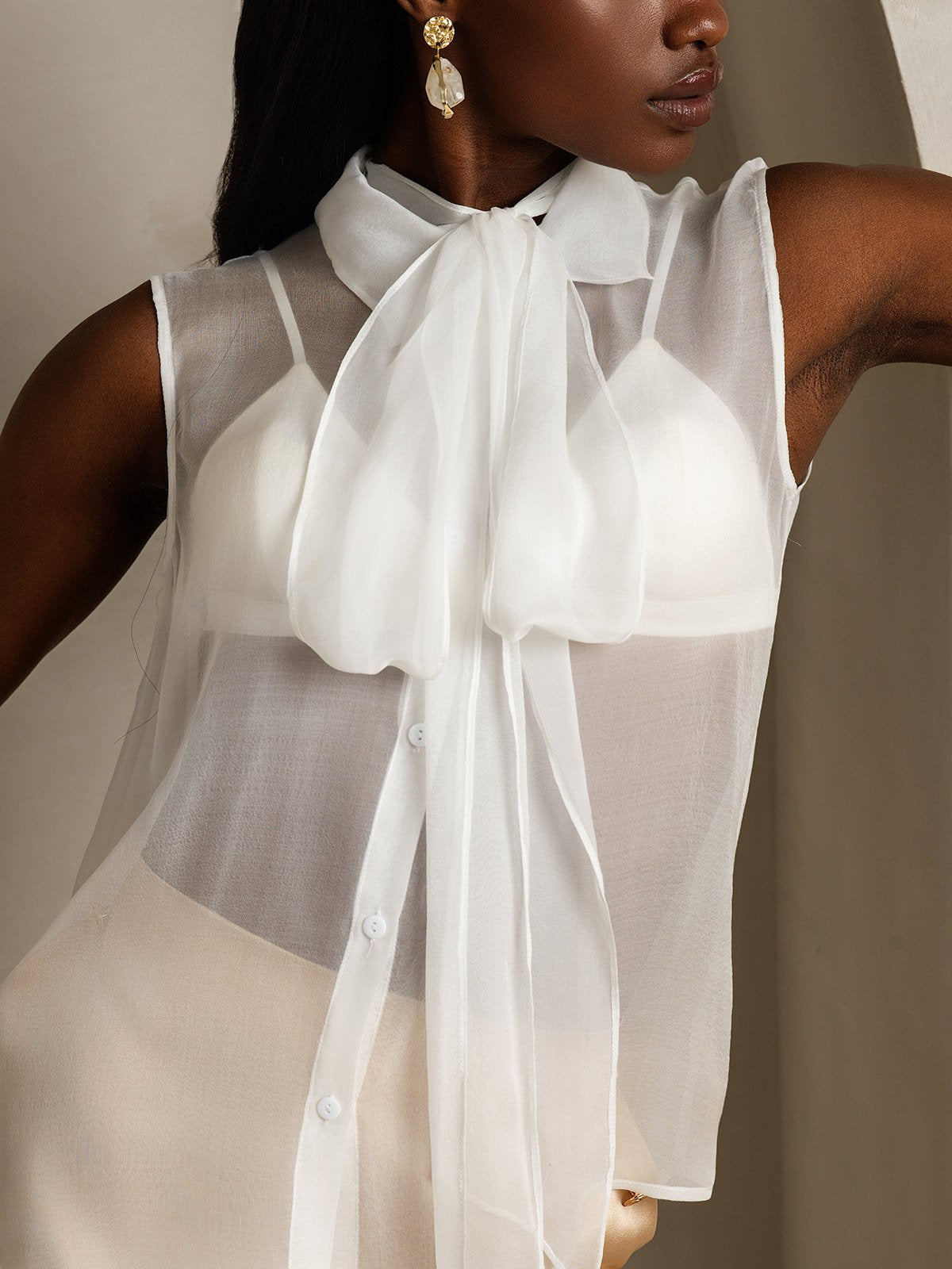 SilkSilky Pure Silk Sleeveless Tie Neck Women's Shirt White 003