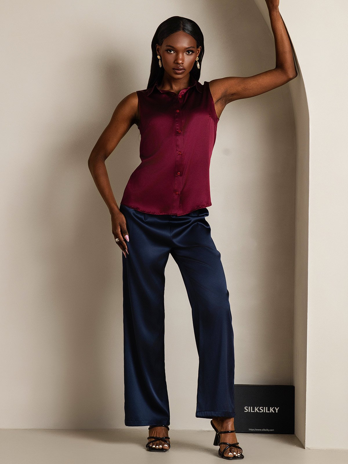 SilkSilky 19Momme Silk Sleeveless Collar Women's Shirt DarkRed 005