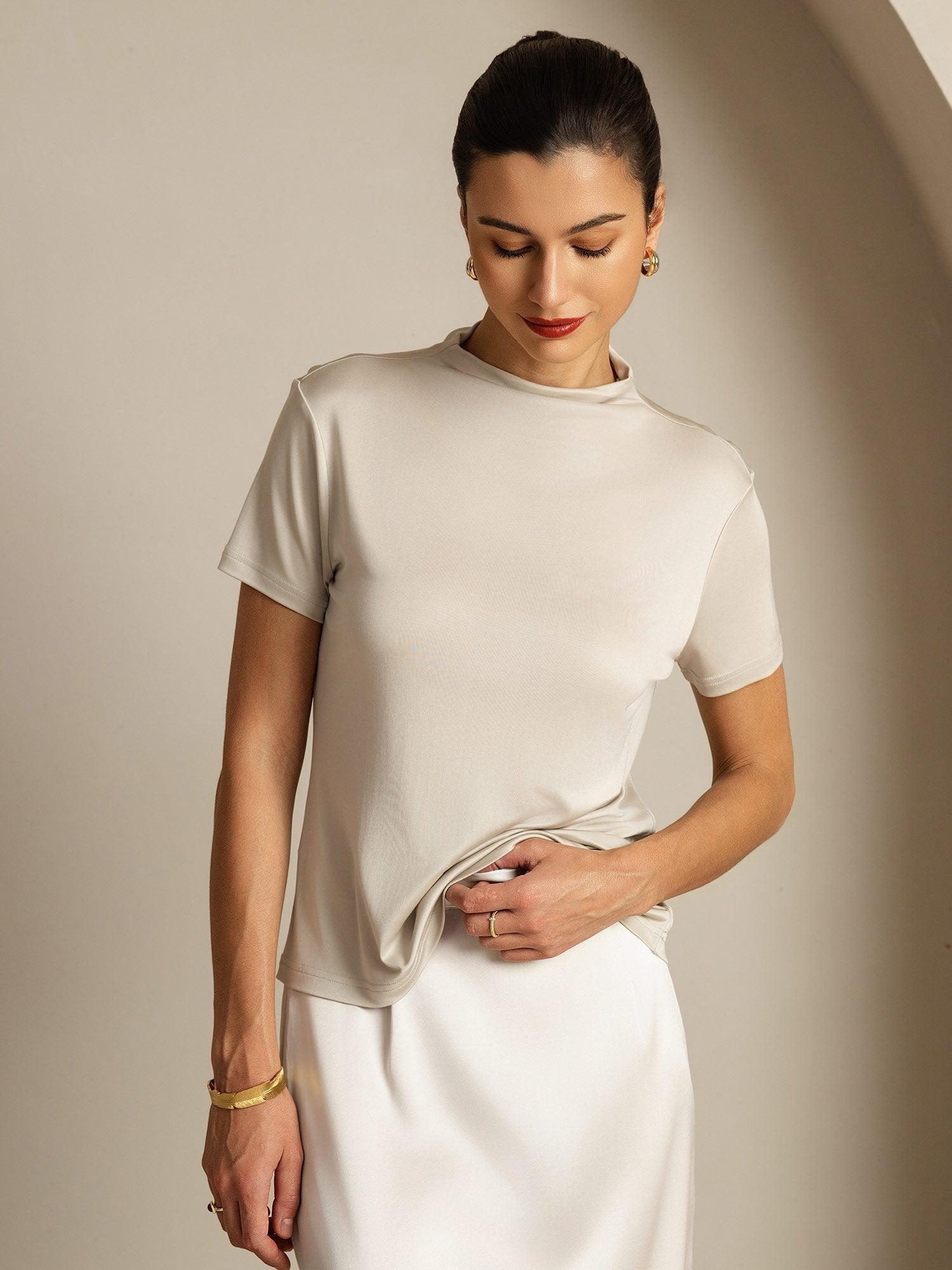 [Gray] SilkSilky  Pure Silk Collar Women's T-Shirt 005