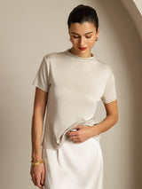 [Gray] SilkSilky  100% Silk Jersey Short Sleeve Mock Neck Women's T-Shirt 005