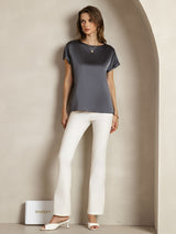[Dark Gray] SilkSilky  19Momme Stretch Silk Charmeuse Short Sleeve Boat Neck Women's T-Shirt 003