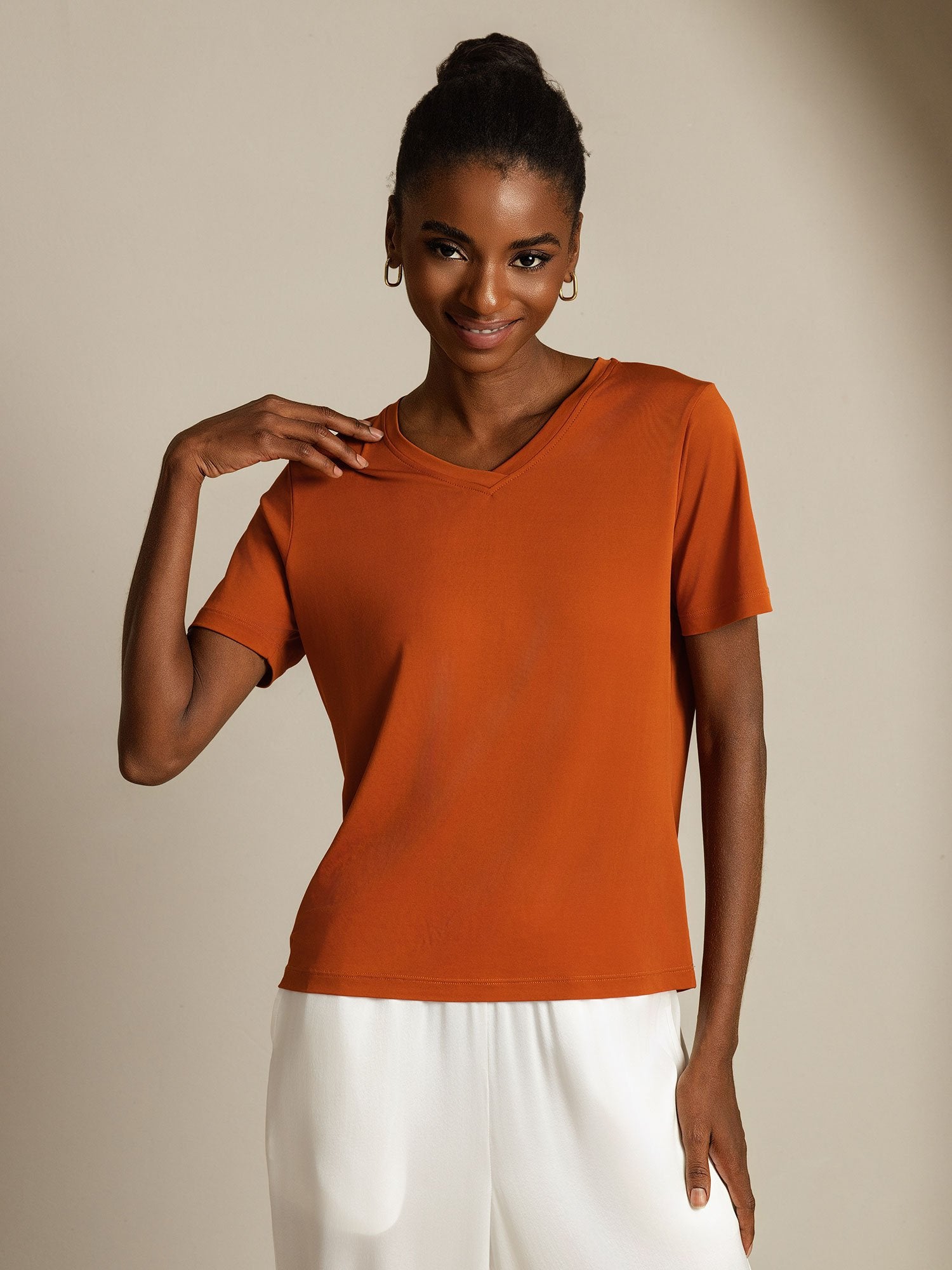 [Orange] SilkSilky Pure Silk V Neck Women's T-Shirt 008