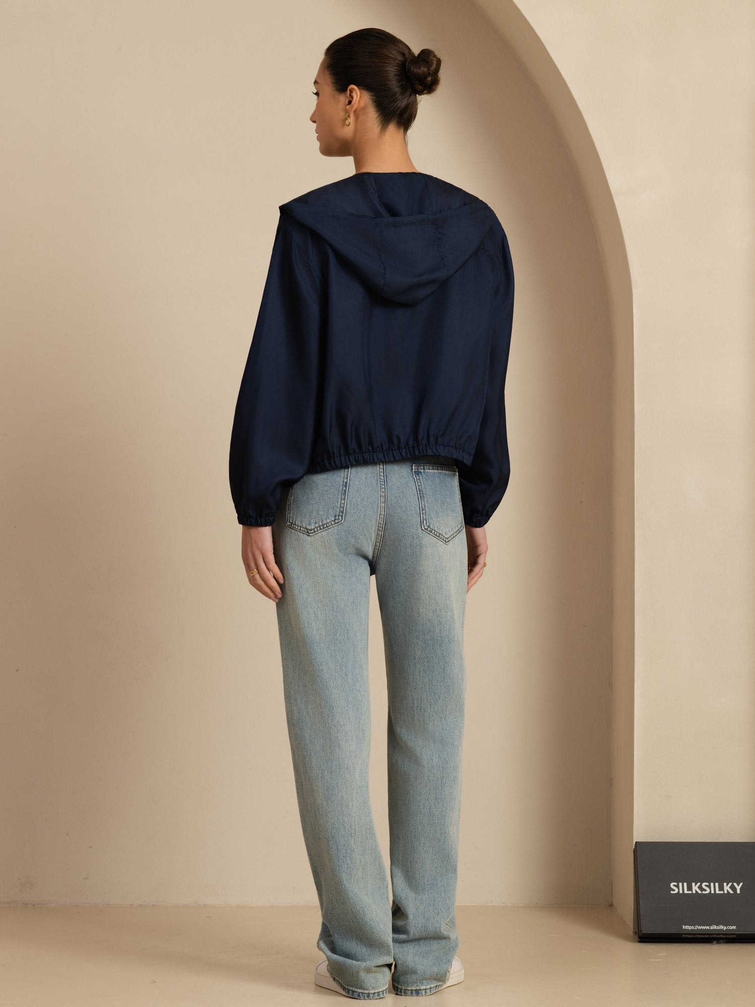 [DarkBlue] SilkSilky 18Momme Silk Satin Surah Long Sleeve Stand Collar Women's Outerwear 002