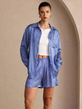 [Blue Pinstripe] SilkSilky Long Sleeve Lapel Collar Women's Outfit Sets 001