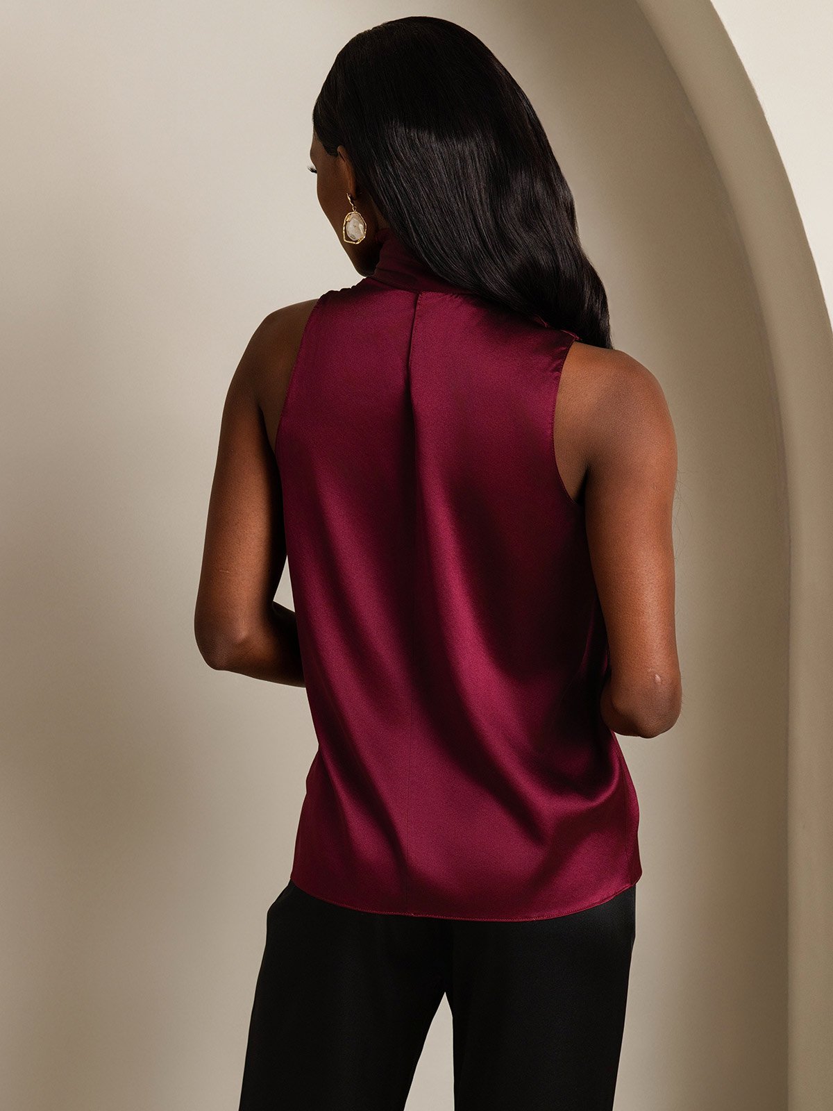 SilkSilky 19Momme Silk Tie Neck Women's Shirt DarkRed 002