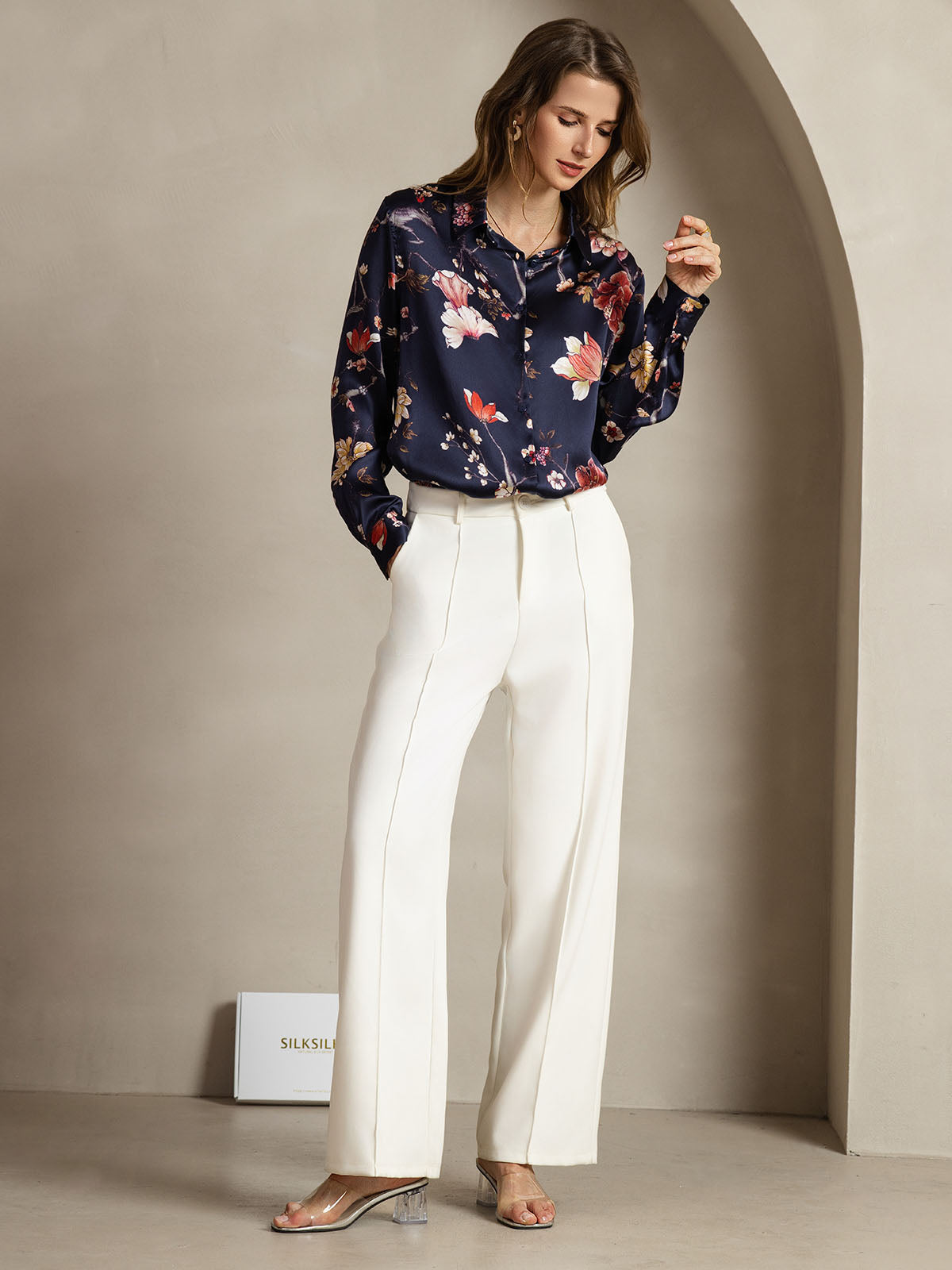 [Navy Floral] SilkSilky  Silk Lapel Collar Women's Shirt 004