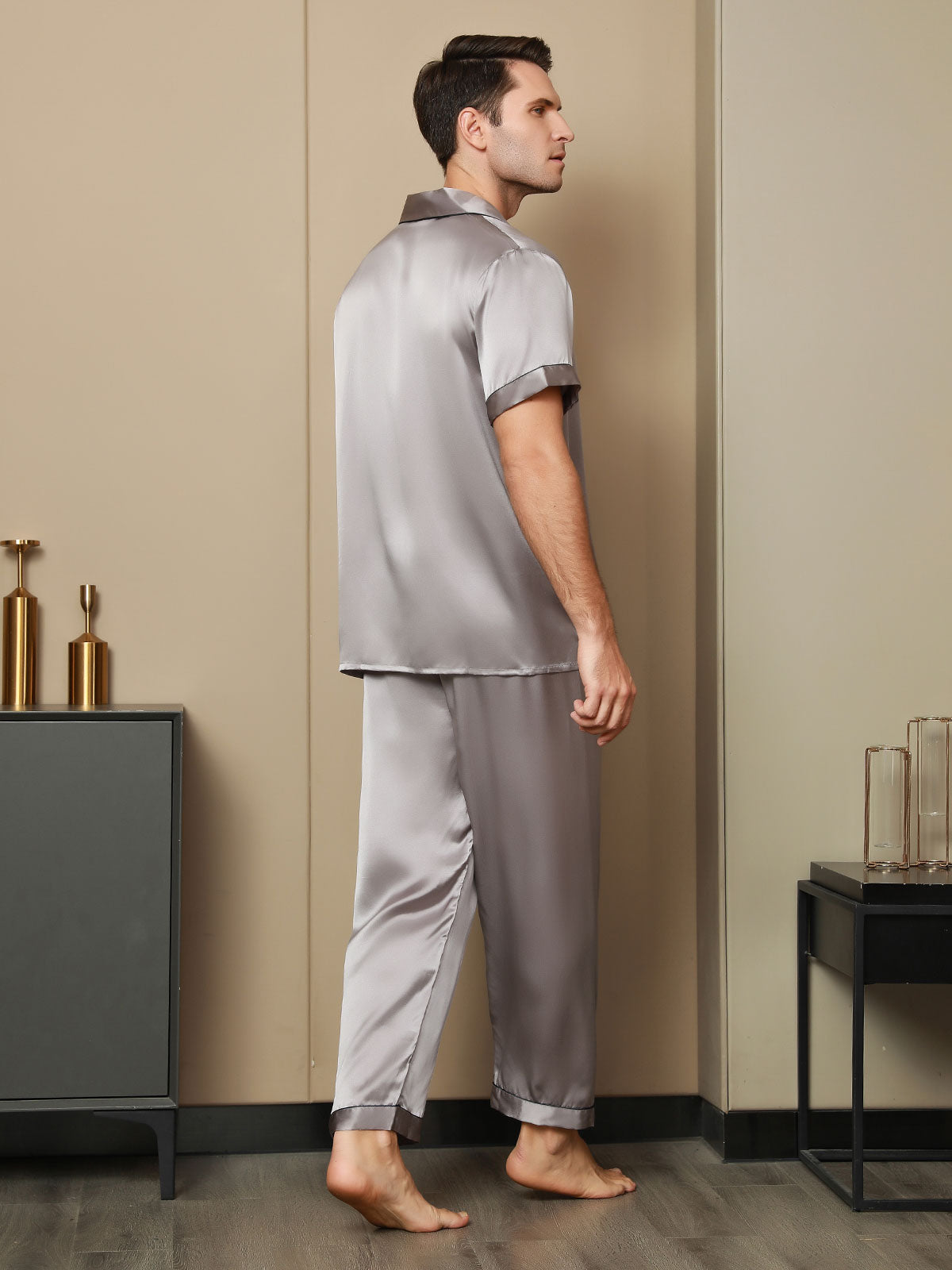 SilkSilky  Pure Silk Short Sleeve Lapel Men's Pajamas Gray 004