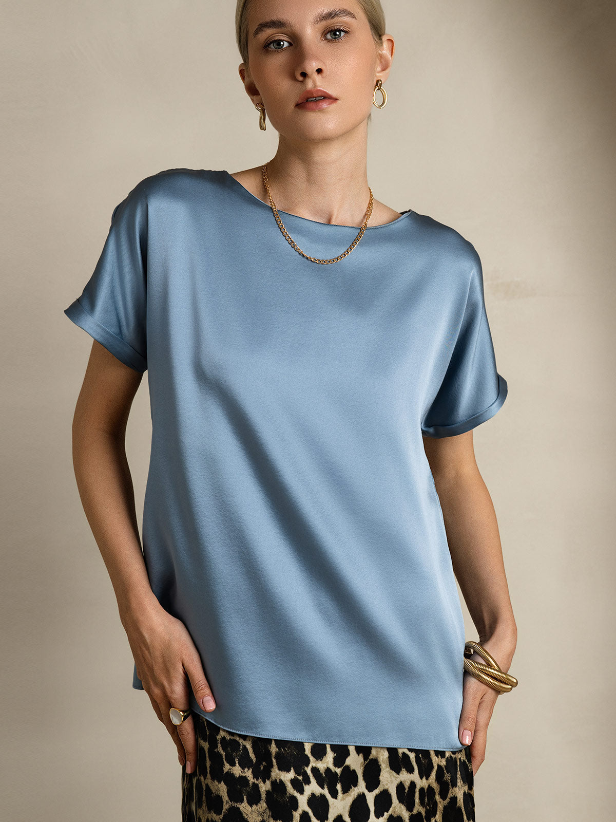 [Grayish Blue] SilkSilky  19Momme Silk Round Neck Women's T-Shirt 005