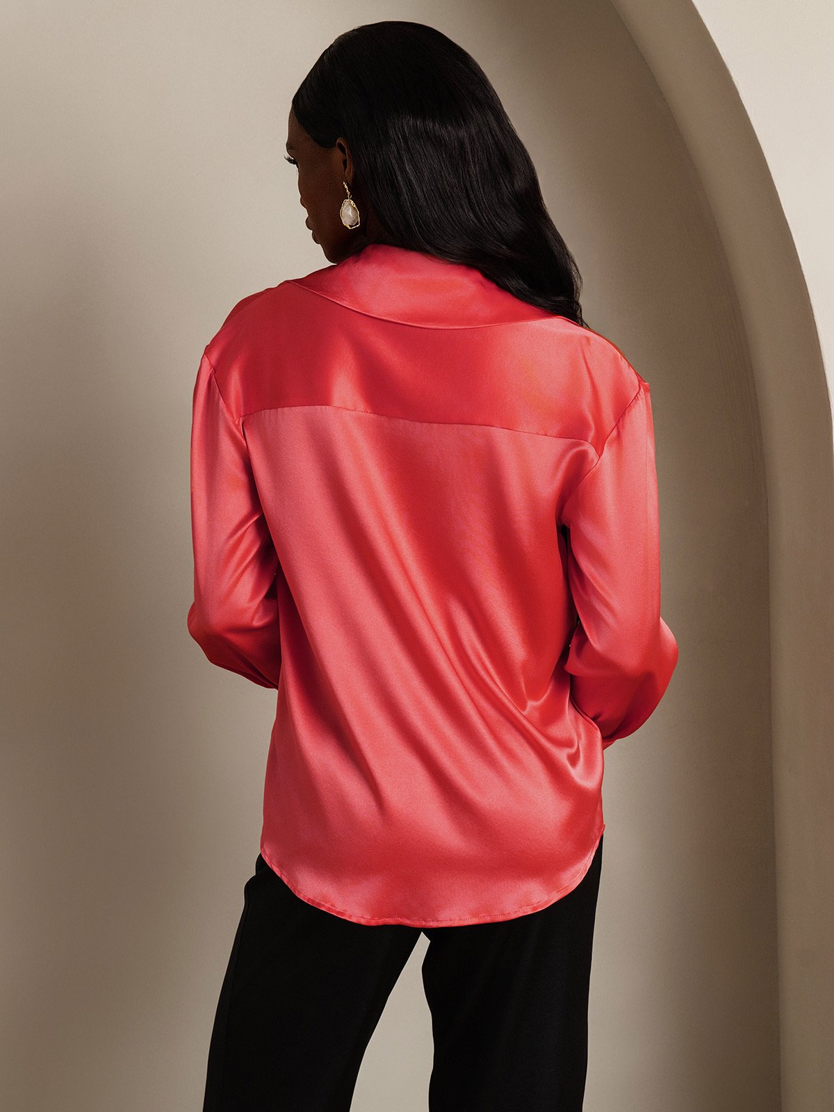 SilkSilky 19Momme Silk Long Sleeve Lapel Women's Shirt ImperialRed 002