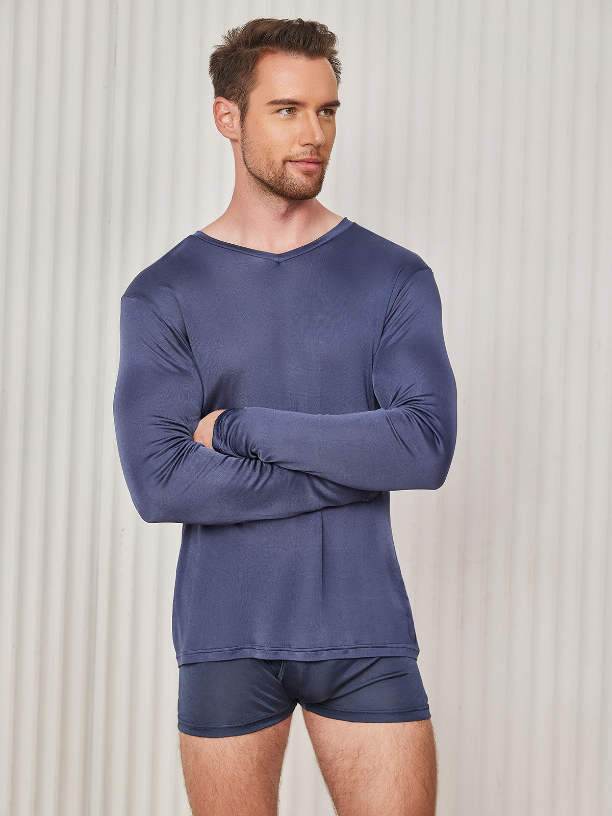 SilkSilky US Silk Knitted Long Sleeve V Neck Men's T Shirt DarkBlue 001