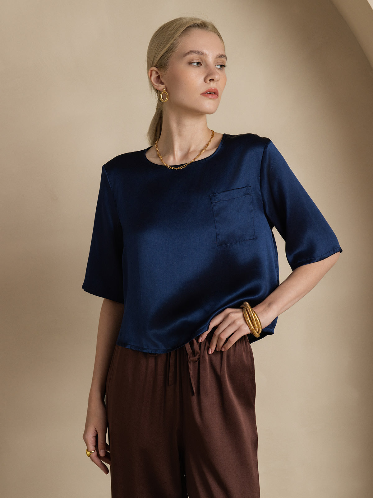 [Dark Blue] SilkSilky  Pure Silk Boat Neck Women's T-Shirt 004