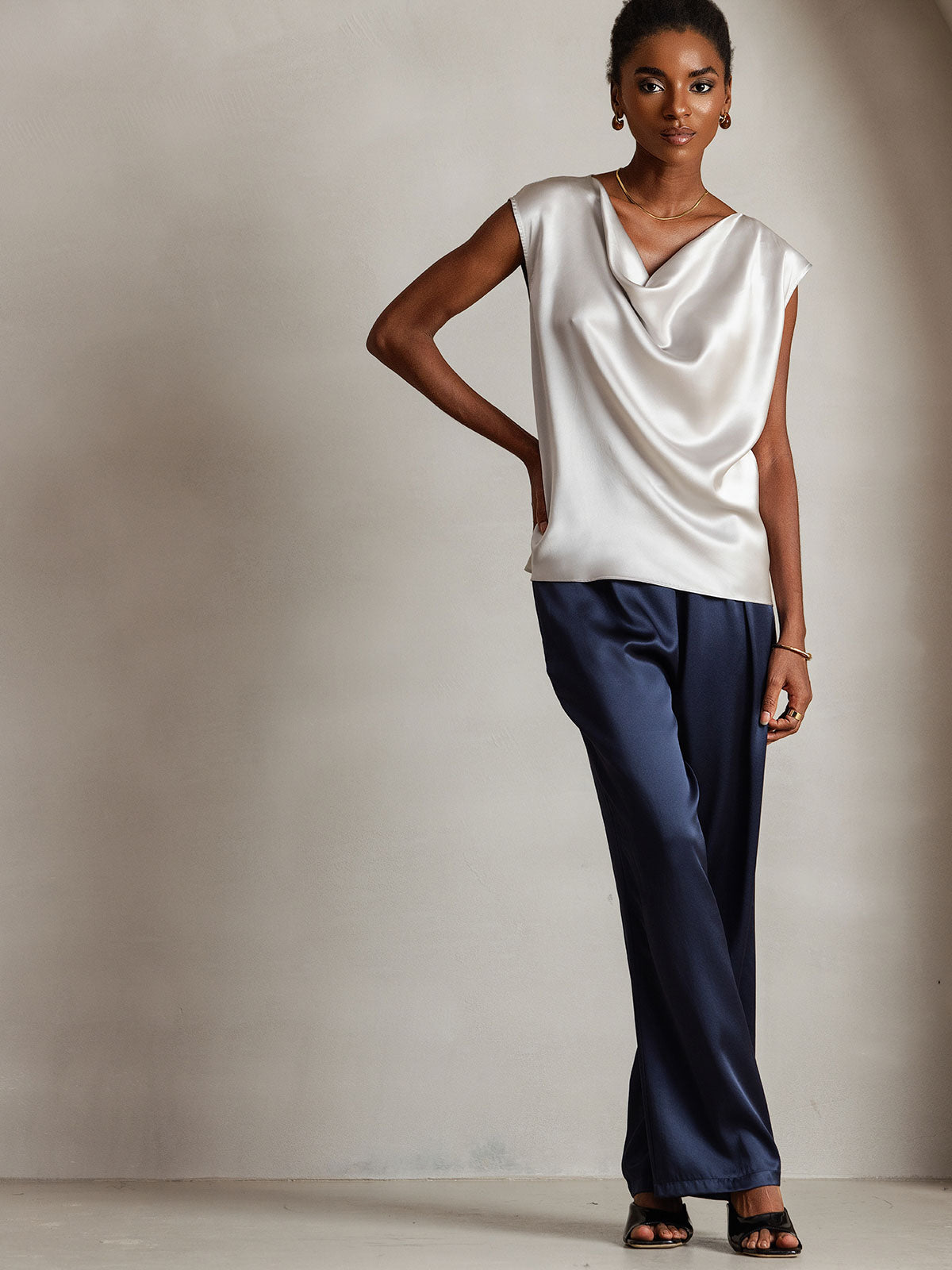 [Light Gray] SilkSilky  19Momme Silk Cowl Neck Women's T-Shirt 003
