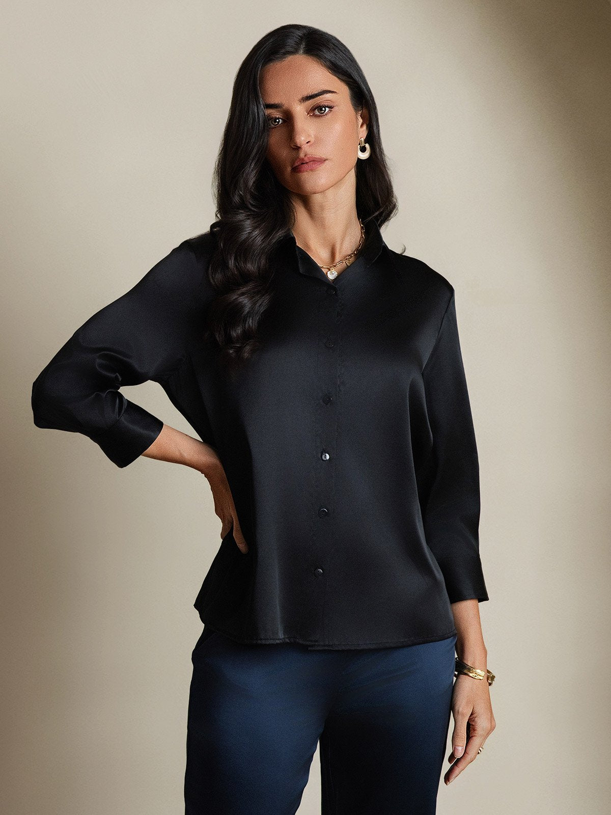 SilkSilky 19Momme Silk Long Sleeve Lapel Women's Shirt Black 004
