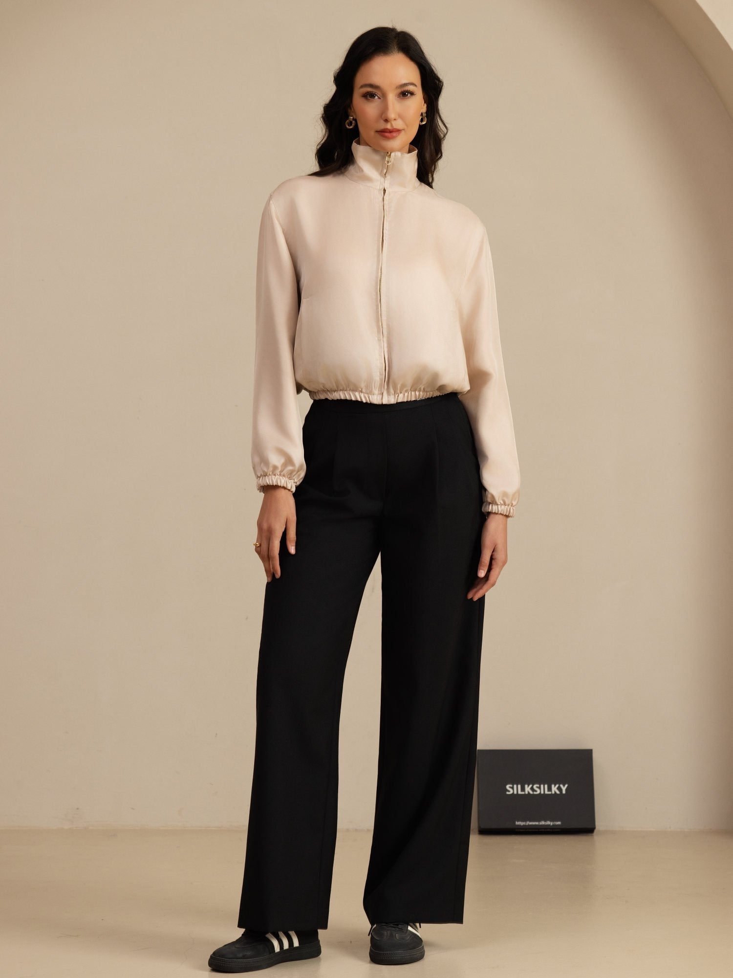 [Tan+Pink] SilkSilky  18Momme Silk Satin Surah Long Sleeve Stand Collar Women's Outerwear 007