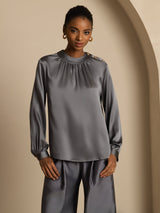 [Dark Gray] SilkSilky  19Momme Stretch Silk Charmeuse Long Sleeve Round Neck Blouse 001