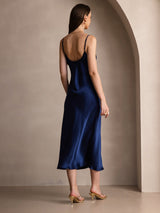 [Dark Blue] SilkSilky  Pure Silk Spaghetti Strap V Neck Dress 002