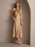 SilkSilky US 19Momme Silk Blend Sleeveless Tie Neck Dress Champagne 007