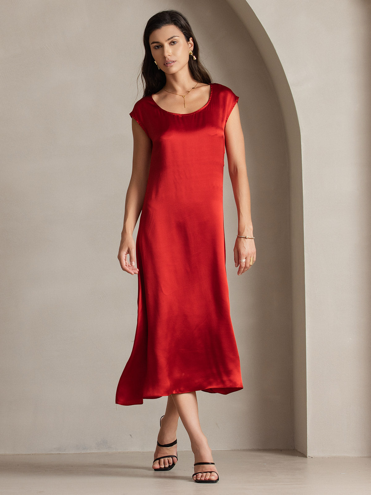 SilkSilky  19Momme Silk Sleeveless Round Neck Dress Wine 004