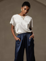 [Light Gray] SilkSilky  19Momme Stretch Silk Charmeuse Short Sleeve Boat Neck Women's T-Shirt 003