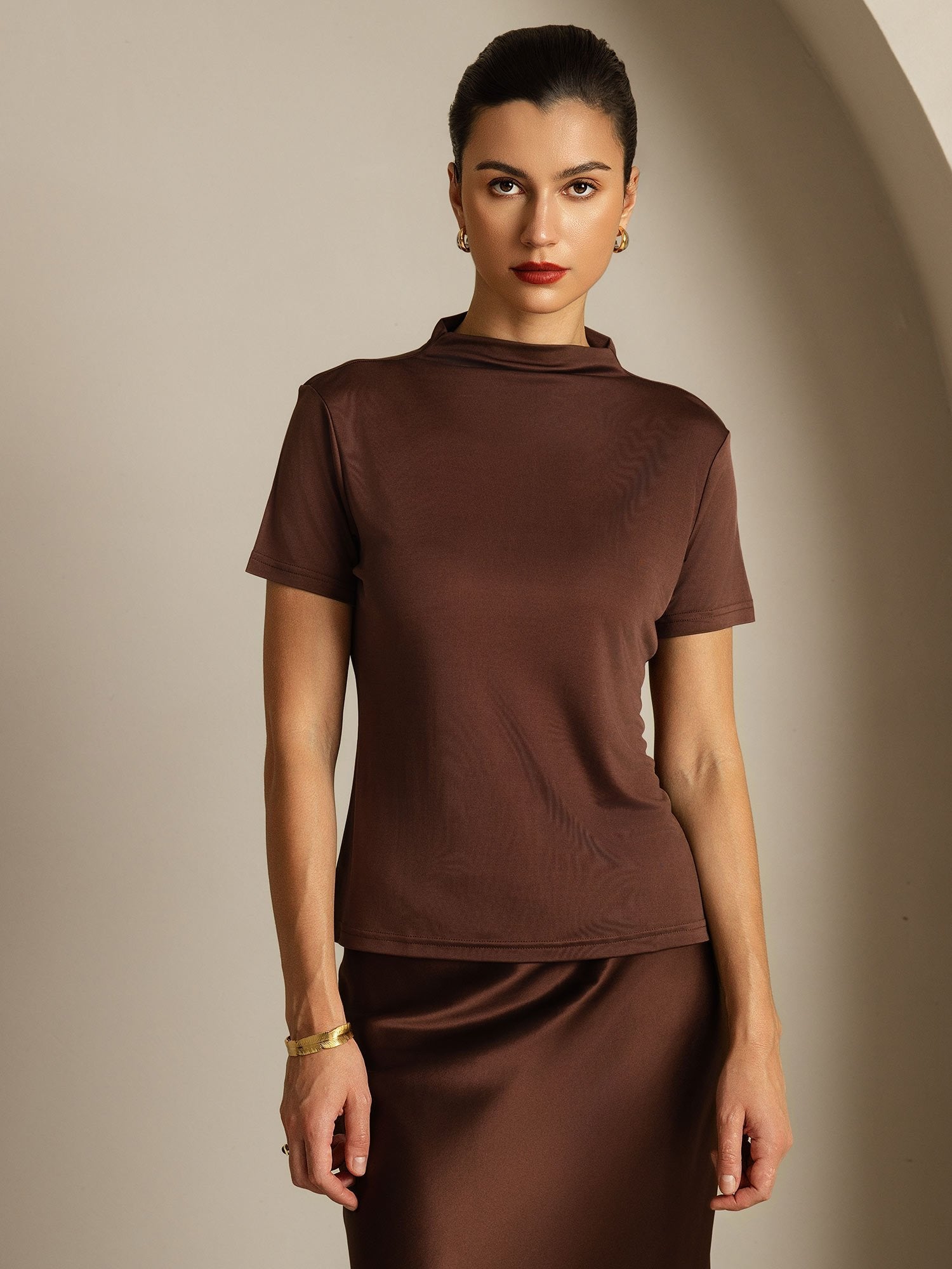 [Coffee] SilkSilky  Pure Silk Collar Women's T-Shirt 003