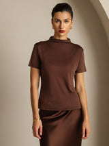 [Coffee] SilkSilky  100% Silk Jersey Short Sleeve Mock Neck Women's T-Shirt 003
