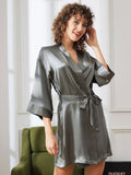 SilkSilky US Pure Silk Half Sleeve Womens Robe GrayishGreen 001