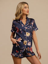 [Navy Floral] SilkSilky  Short Sleeve Notch Collar Women's Pajamas 001