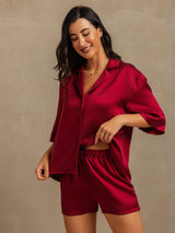 [Wine] SilkSilky  19Momme Machine-Washable Silk Half Sleeve Notch Collar Women's Pajamas 007