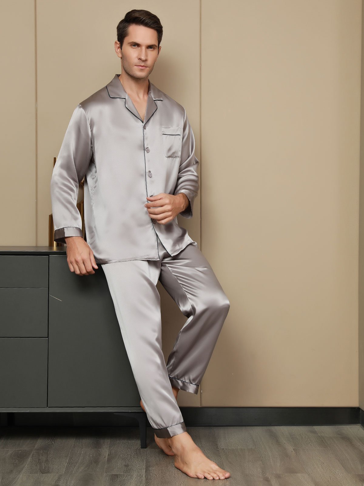 SilkSilky US Pure Silk Long Sleeve Lapel Men's Pajamas Gray 006