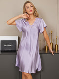 SilkSilky US Pure Silk Short Sleeve Sweetheart Neck Nightgown Purple 009