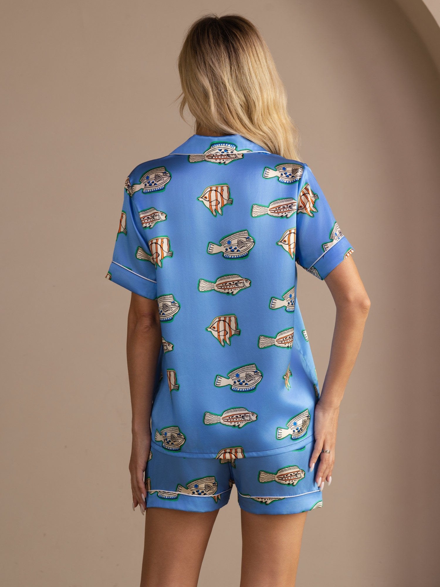 [Blue Fish] SilkSilky Short Sleeve Lapel Collar Women's Pajamas 002