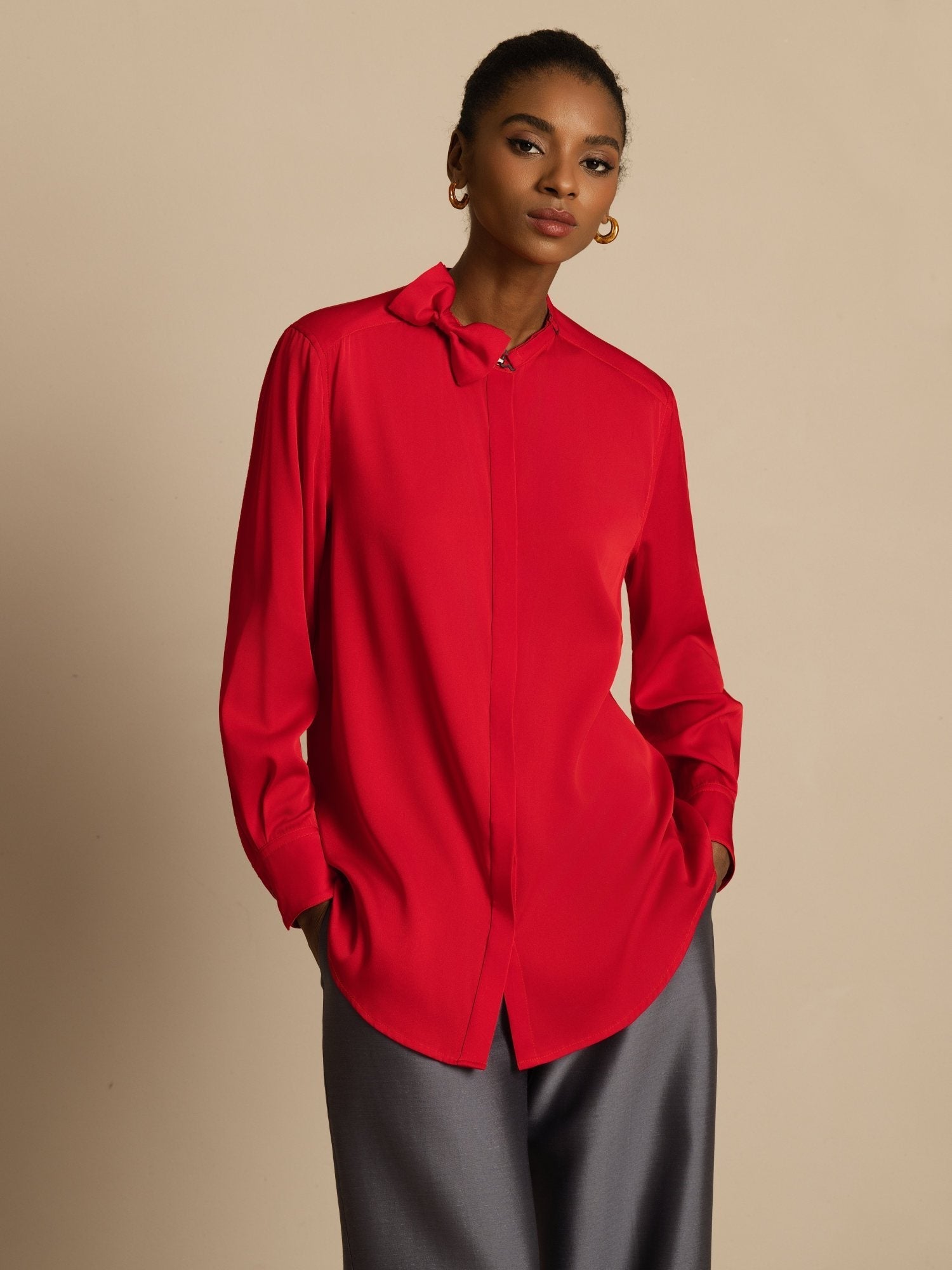 [Wine] SilkSilky  Long Sleeve Stand Collar Women's Blouse 001
