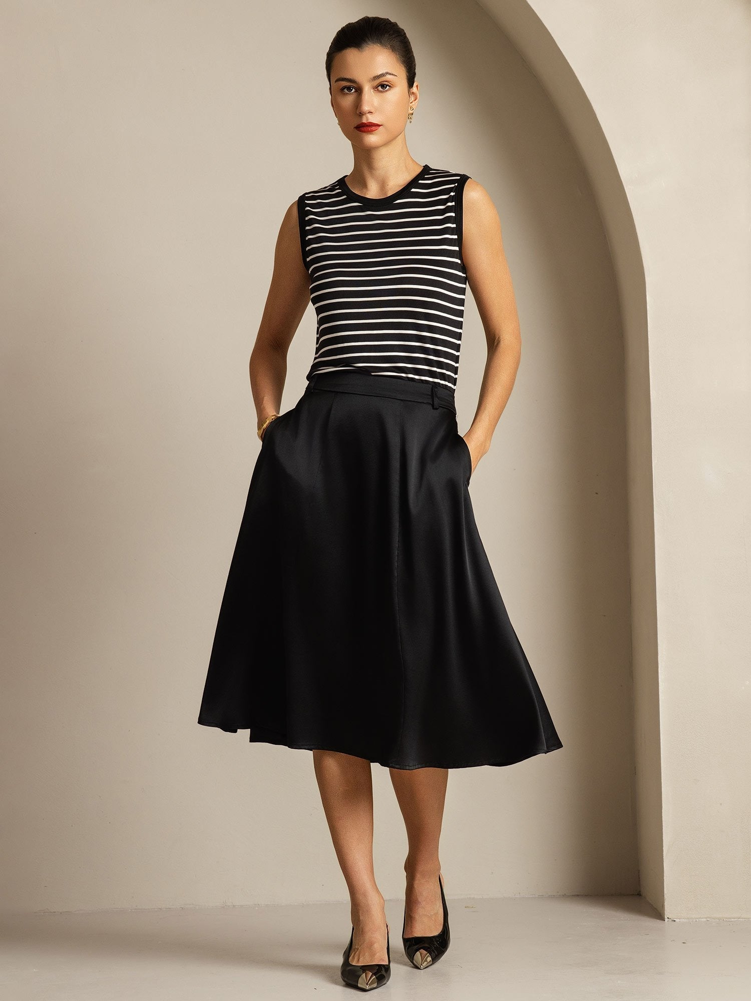 [Black Stripe] SilkSilky  Silk Sleeveless Round Neck Camisole Top 007