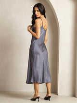 [Navy Ginkgo] SilkSilky  19Momme Spaghetti Strap V Neck Dress 002