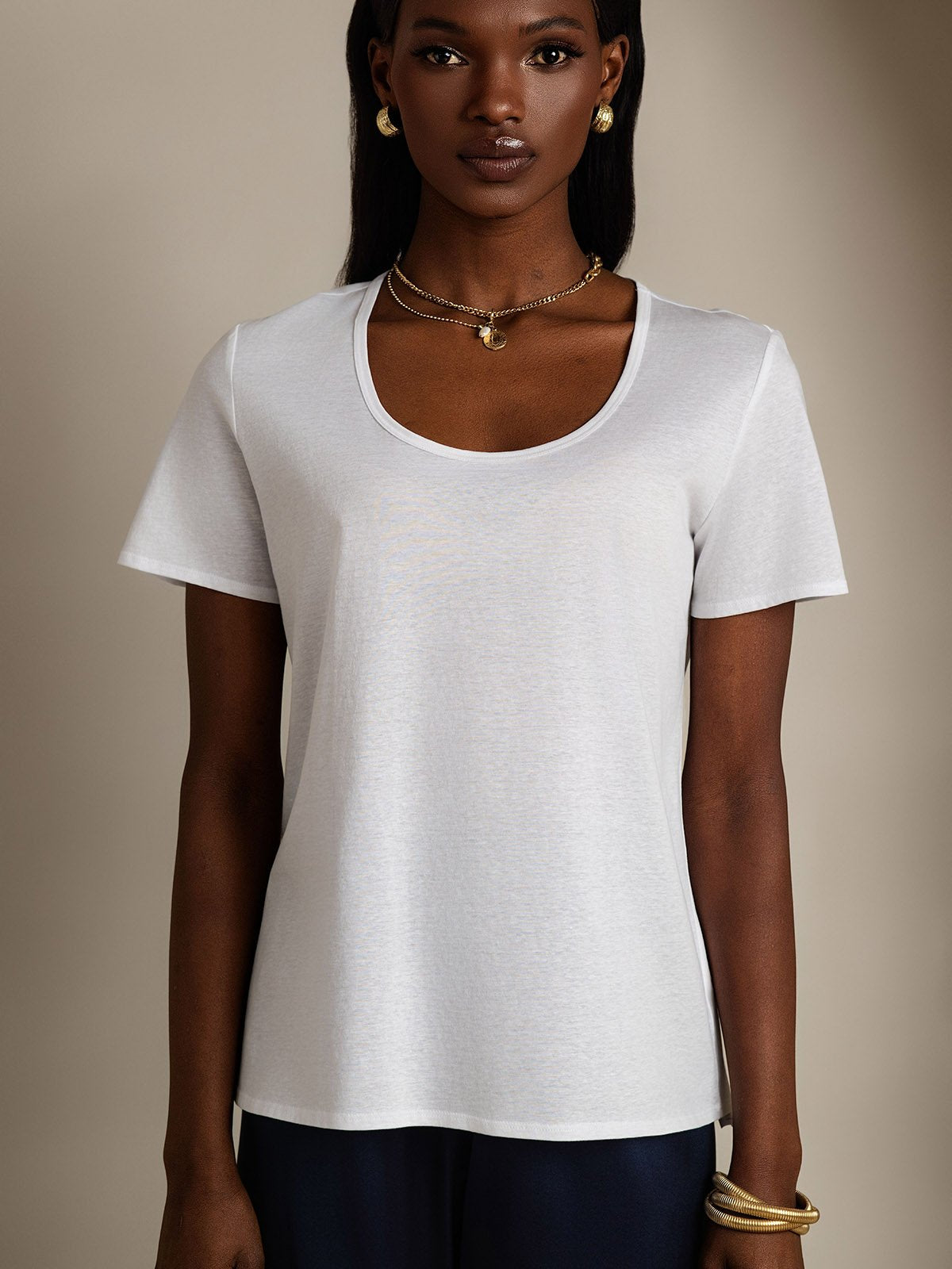 SilkSilky Silk Blend Short Sleeve U Neck Women's T-Shirt White 007