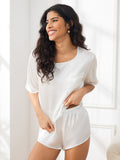 SilkSilky US Pure Silk Short Sleeve Round Neck Women's Pajamas White 004