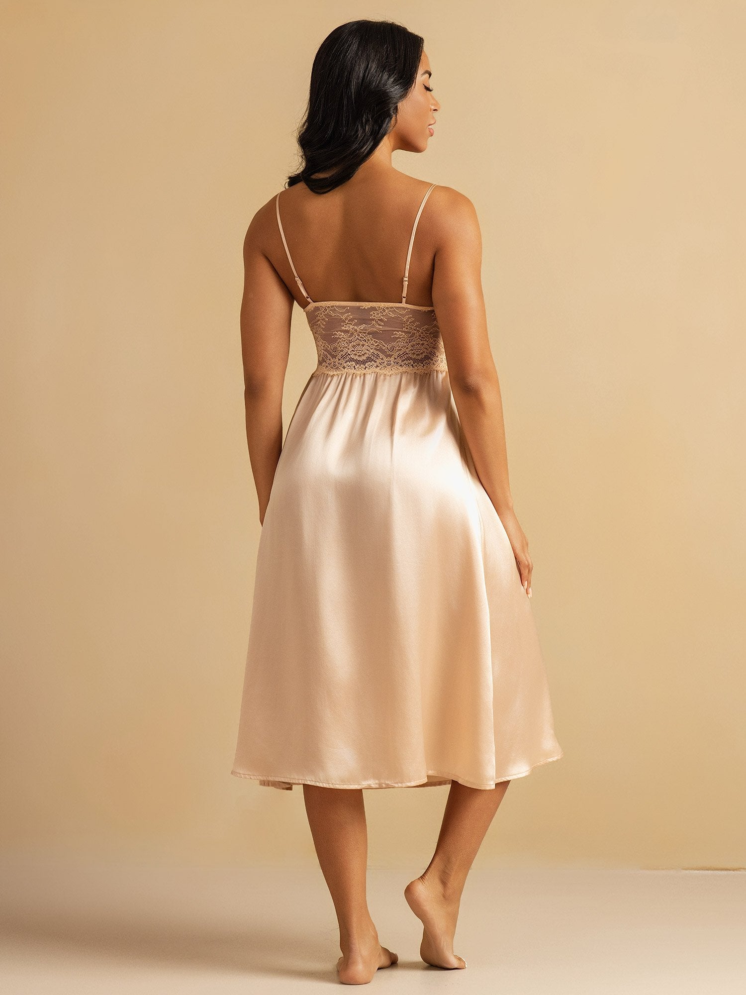 [Light Pink] SilkSilky Spaghetti Strap Deep V Neck Nightgown 002