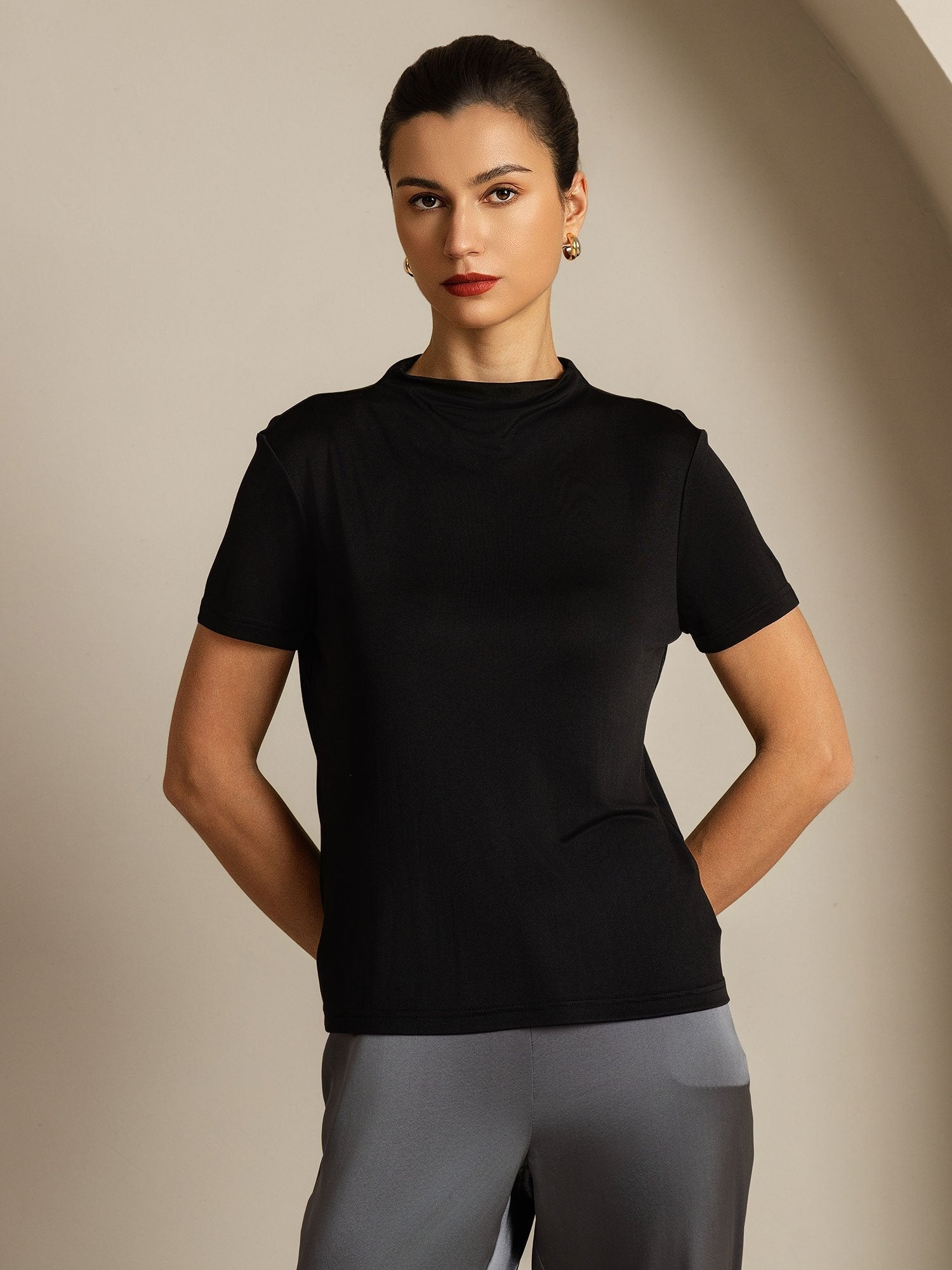 [Black] SilkSilky  Pure Silk Collar Women's T-Shirt 005