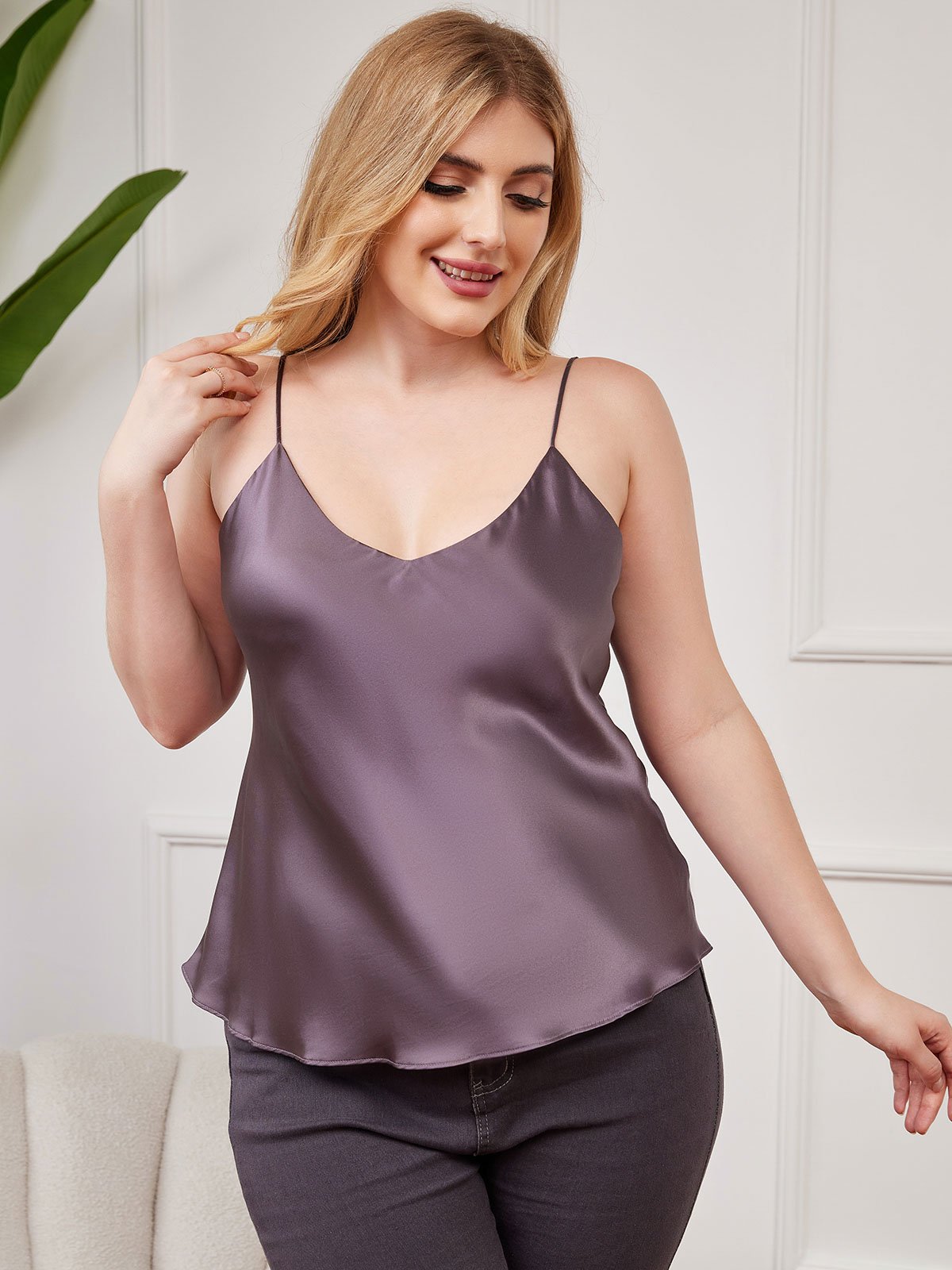 SilkSilky US Pure Silk Deep V Neck Plus Size Camisole Top PurpleGray 001