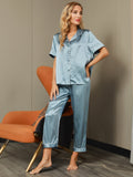 SilkSilky US Pure Silk Short Sleeve Lapel Women's Pajamas SteelBlue 006