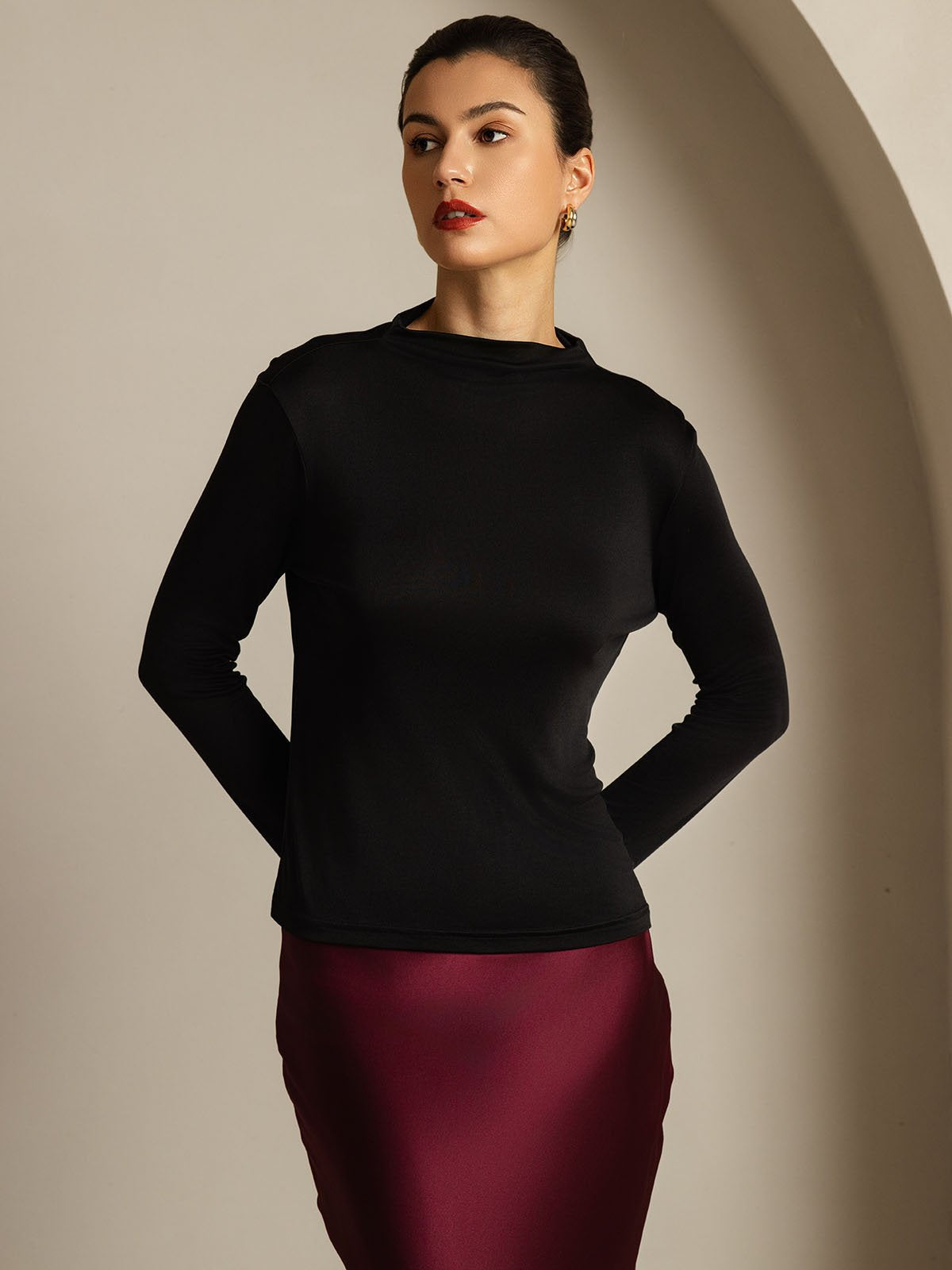 [Black] SilkSilky  Pure Silk High Neck Women's T-Shirt 008