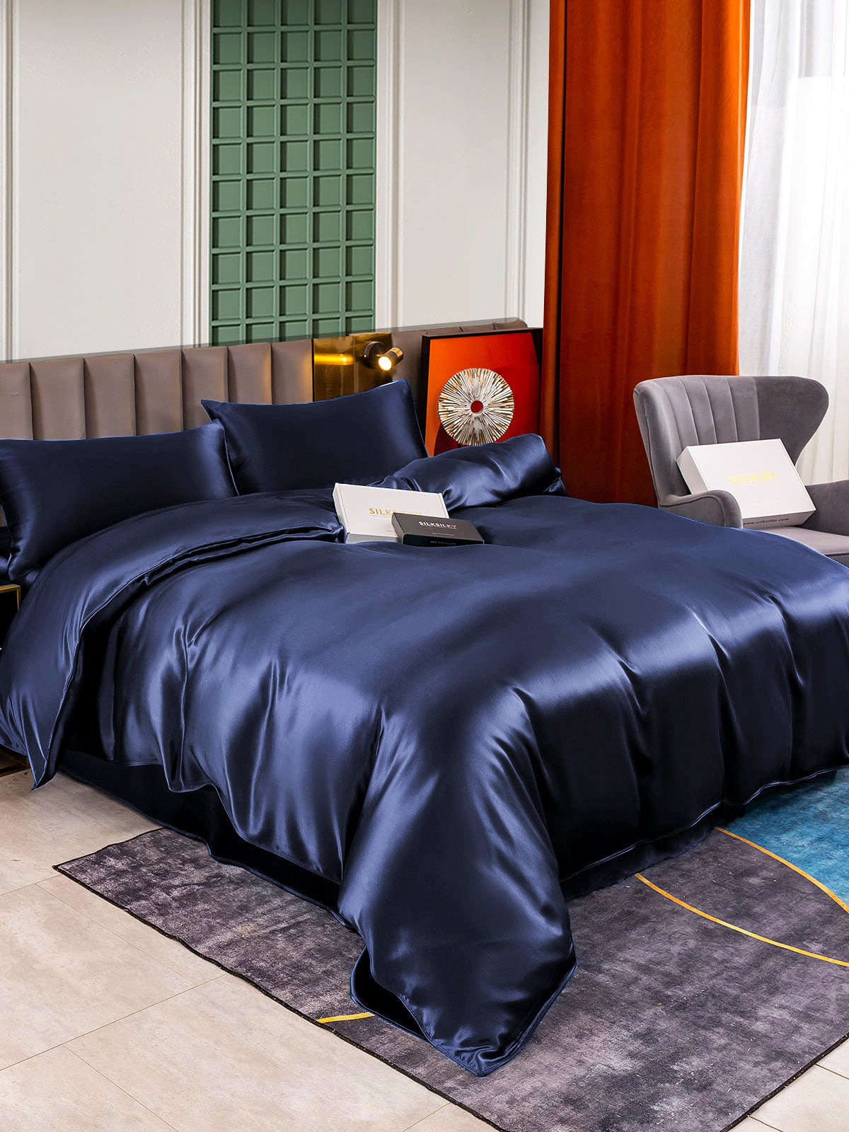 SilkSilky US 25Momme Pure Silk Bedding Set DarkBlue 003